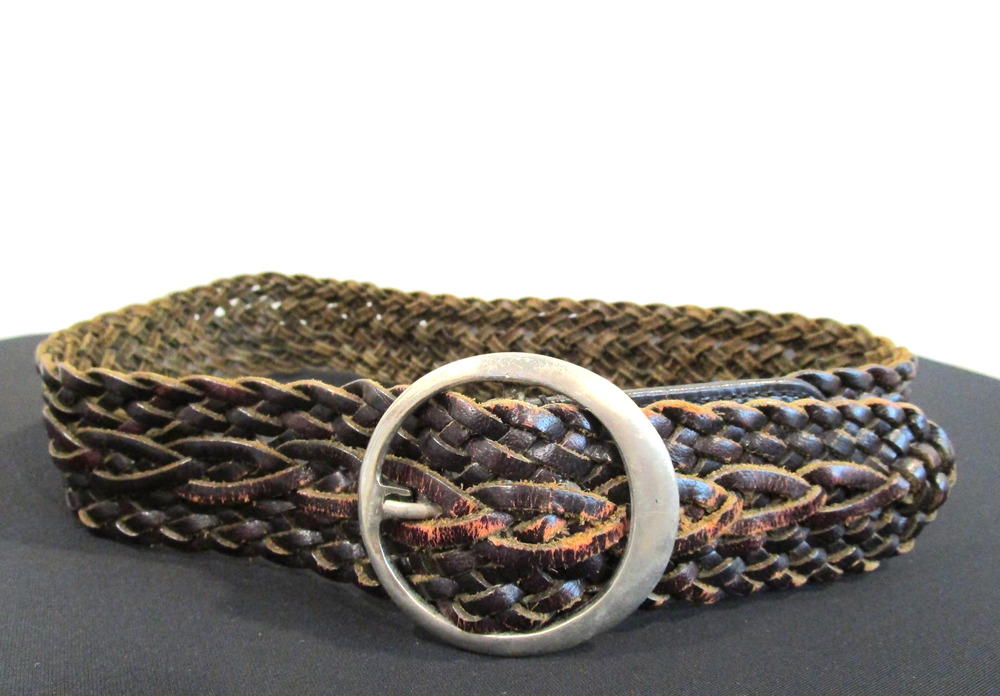 Chicos Brown Braided Leather Silver Circle Buckle Wide Belt Women S/M 29"-32"